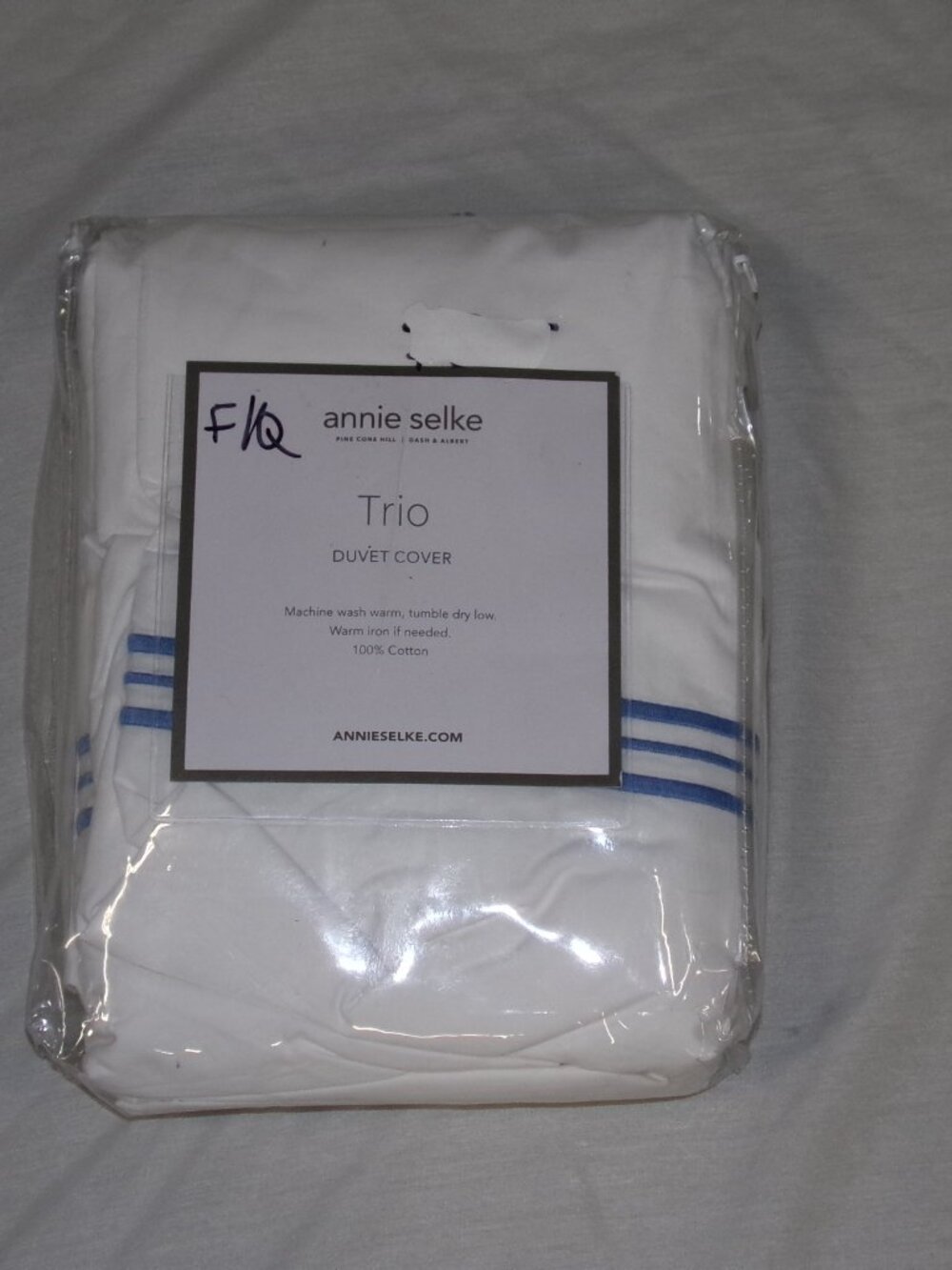 NEW Annie Selke TRIO French Blue Stripe White Full Queen Duvet Cover Cotton